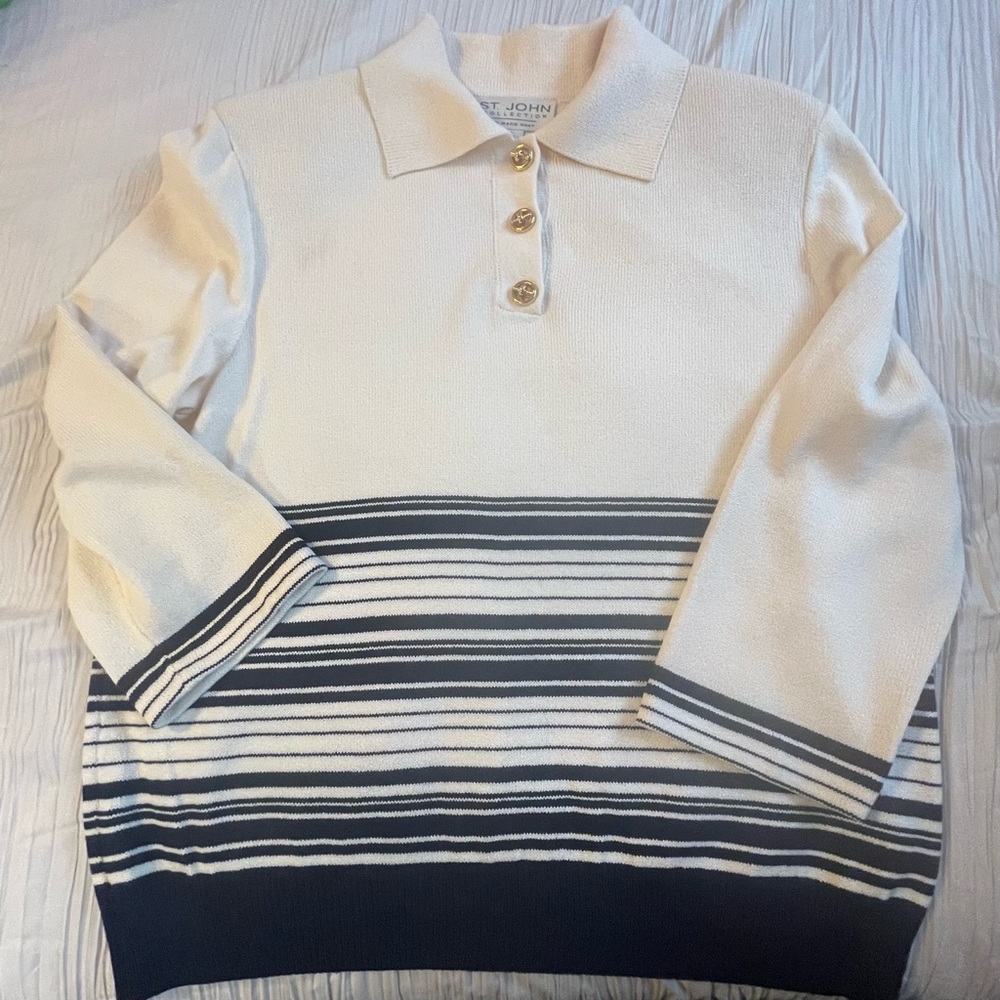 St. John Collection off-white navy striped‎ long sleeve sweater size large vtg